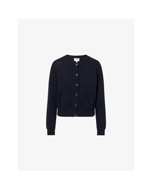 ME+EM Blue Boxy-Fit Round-Neck Cotton-Blend Cardigan