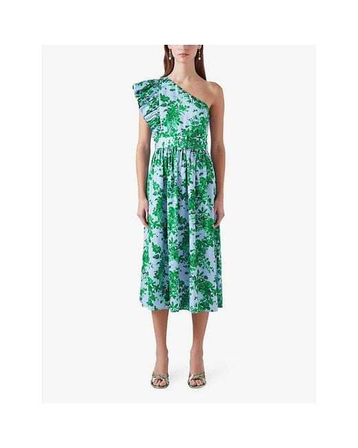 L.K.Bennett Green Maud Garden-print One-shoulder Cotton Midi Dress