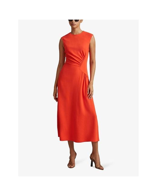 Reiss Red Stacy Ruched-waist Stretch-woven Midi Dress