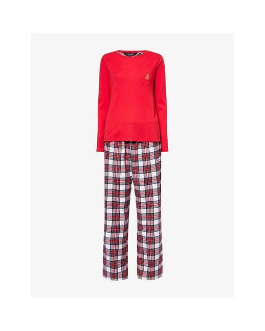 Ralph Lauren Red Crew Plaid Long-Sleeve Fleece Pyjama Set