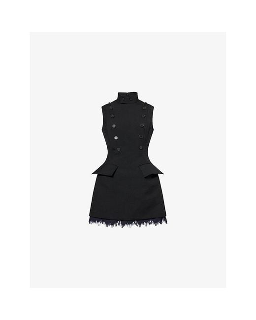 Alexander McQueen Black Frayed-Hem Sleeveless Wool Mini Dress