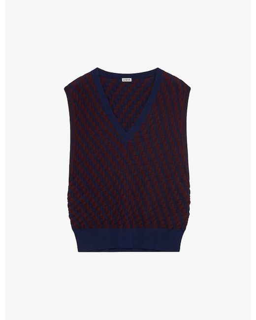 Loewe Blue Burgundy/vy Check-print V-neck Stretch-cotton Vest
