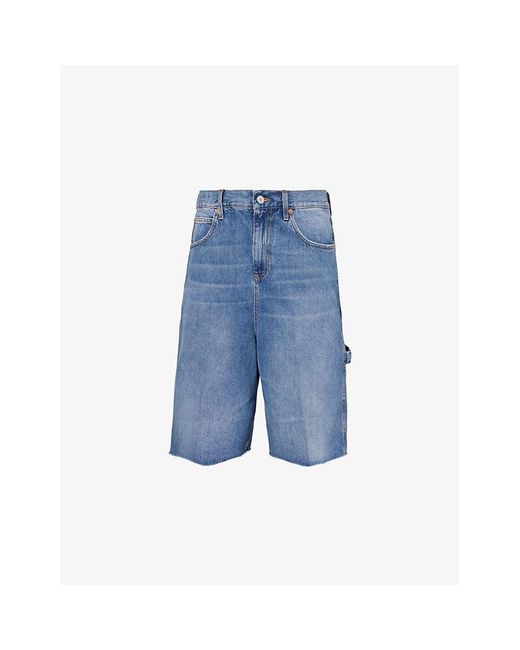 Gucci Blue Rhinestone-branded Raw-hem Denim Bermuda Shorts