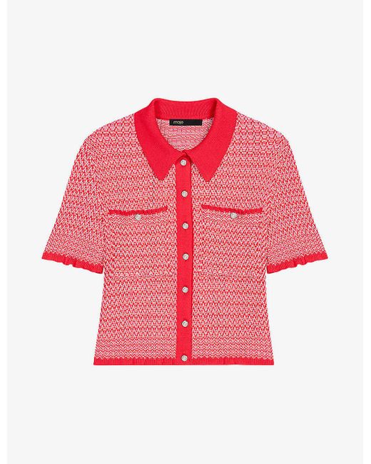 Maje Pink Herringbone-weave Cropped Knitted Polo Shirt