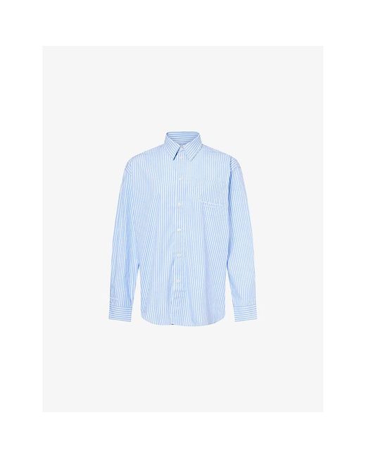 Sporty & Rich Blue Eden Script Striped Relaxed-Fit Cotton Shirt