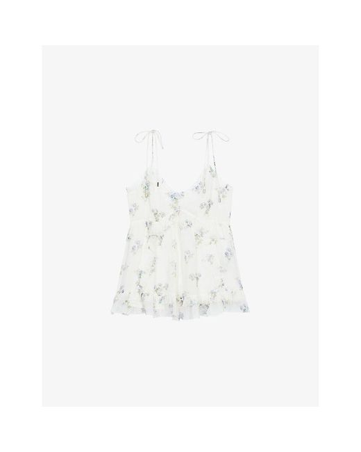 The Kooples White Floral-Print Ruffle-Trim Woven Cami Top