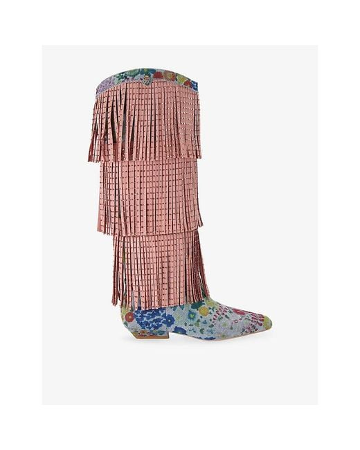 Kurt Geiger Red Western Fringe Denim Knee-High Boots