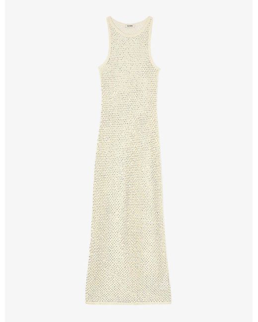 Sandro White Rhinestone-embellished Open-weave Knitted Maxi Dress