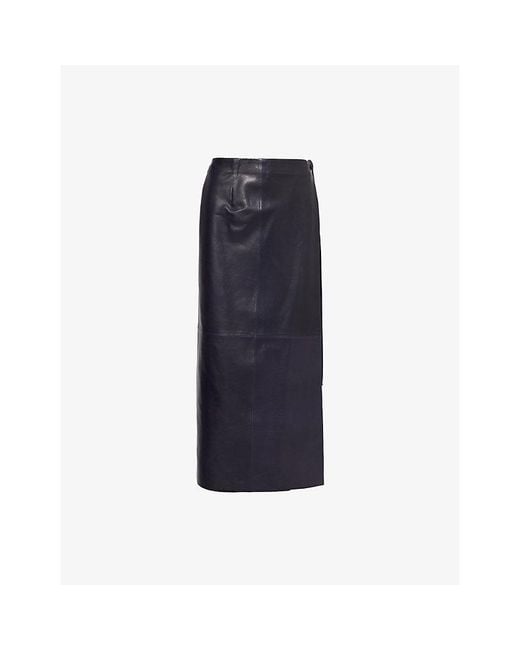 Nour Hammour Blue Wrap Side-Tie Leather Midi Skirt