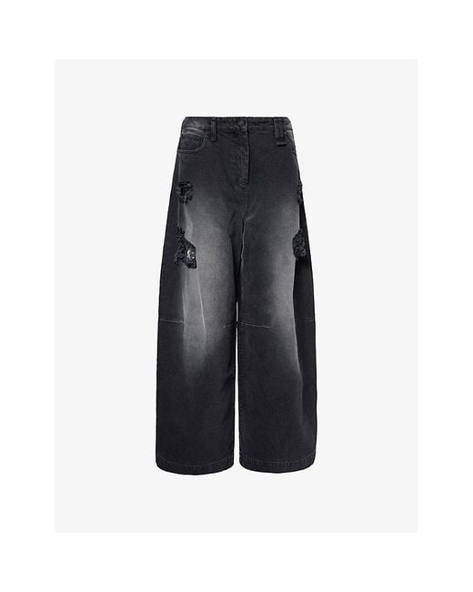 Simone Rocha Black Embellished Distressed Wide-Leg Denim Jeans