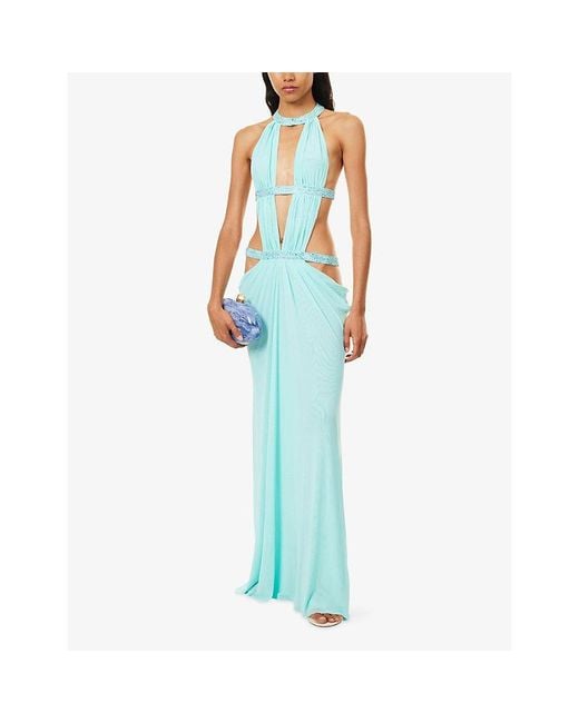 Jaded London Blue Embellished 6Am Cut-Out Mesh-Woven Maxi Dress