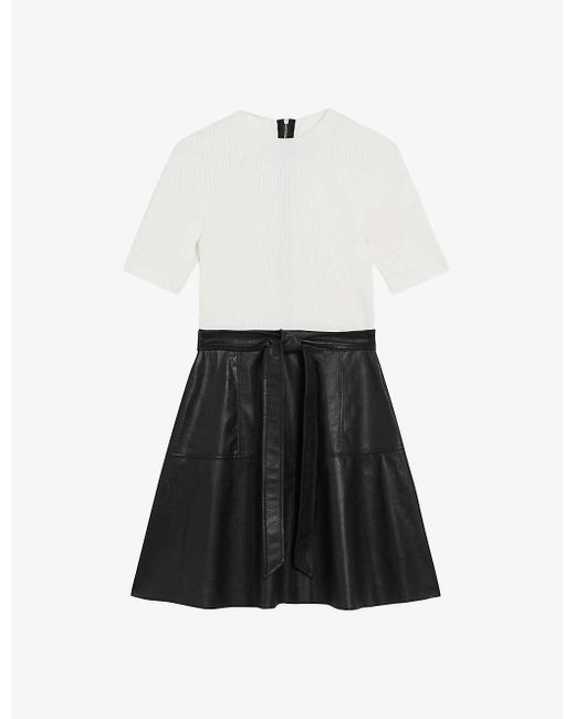 Ted Baker White Oliyia Contrast-skirt Woven And Faux-leather Mini Dress
