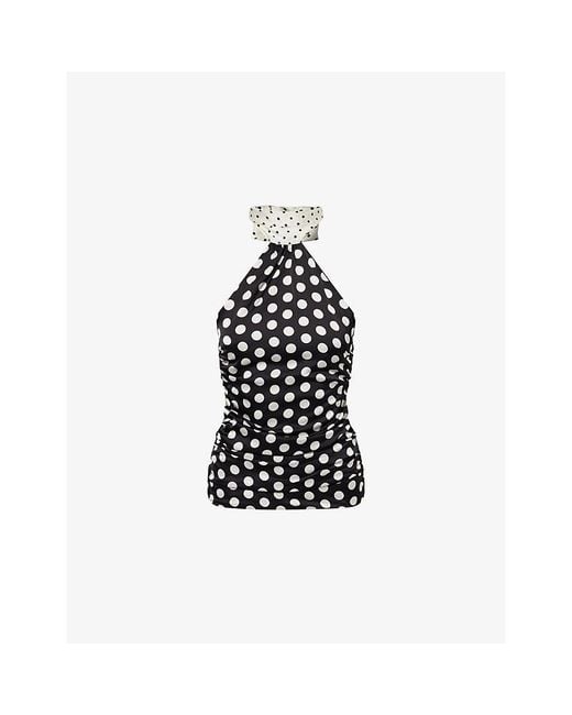 Amy Lynn Blue Polka Dot Scarf-Neck Satin Top