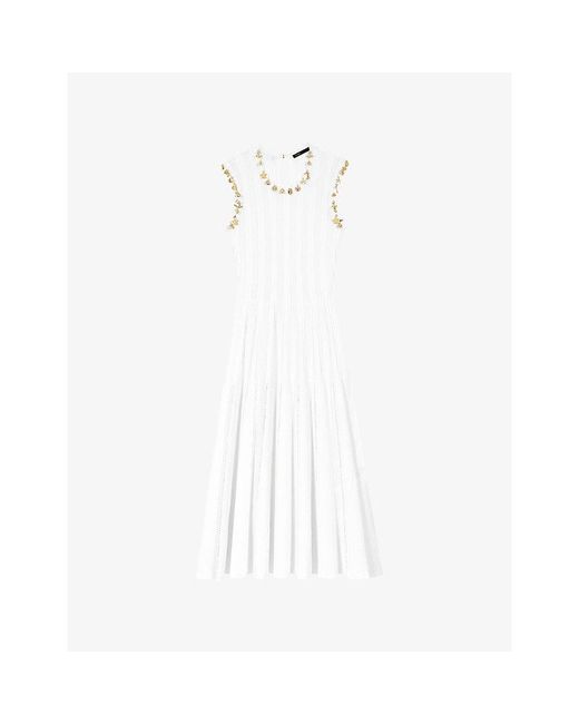 Maje White Sleeveless Charm-Embellished Stretch Cotton-Blend Midi Dress