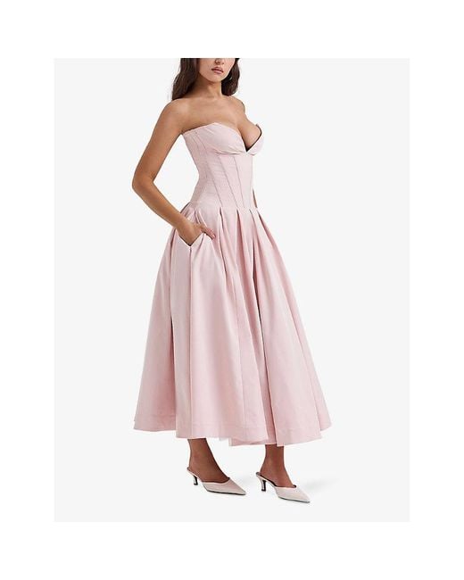 House Of Cb Pink Ballerina Lady Plunge-Neck Stretch-Cotton Midi Dress