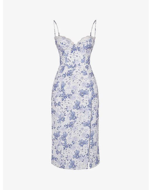 House Of Cb White Charlotte Floral-print Fitted-corset Stretch-woven Midi Dress
