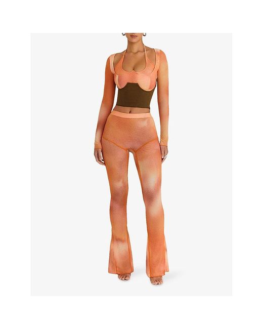 Mistress Rocks Brown Ombre-Print Flared-Leg Stretch-Mesh Trousers