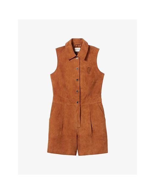 Claudie Pierlot Brown Sleeveless Brand-Embroidered Suede Playsuit