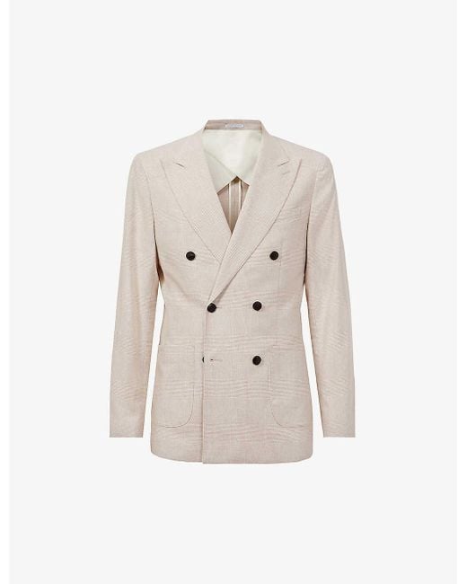 Reiss White Craft Double-breasted Regular-fit Check Linen And Cotton-blend Blazer for men