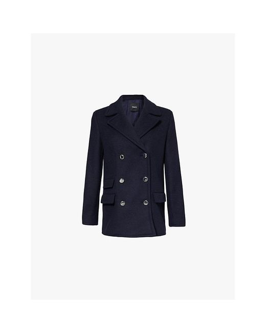 Theory Blue Double-Breasted Peacoat Recycled-Wool Blend Felt Coat