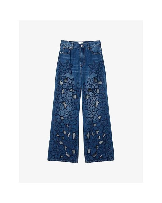 Sandro Blue Flower-Embroidered Straight-Leg Jeans
