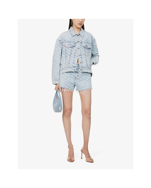 Alexander Wang Blue Text-Pattern Raw-Hem Denim Shorts