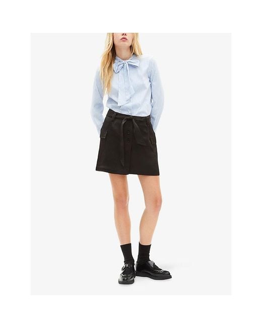 The Kooples Black Belted-Waist Side-Pocket Satin Mini Skirt