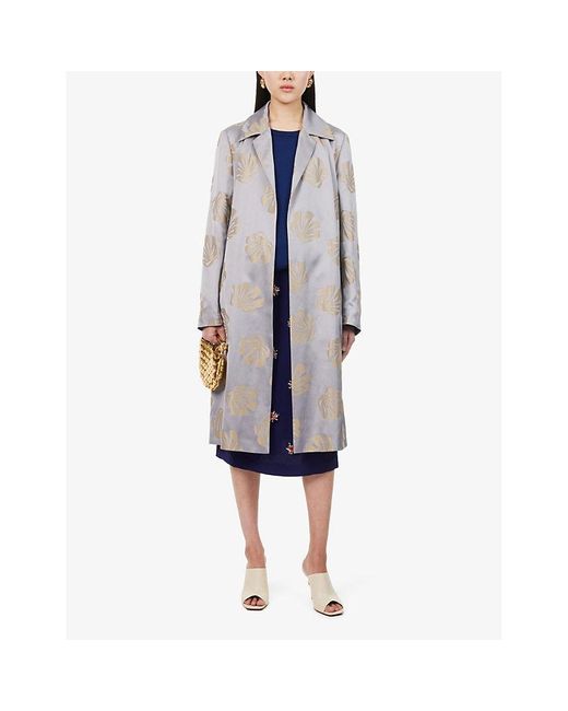 Dries Van Noten Gray Embroidered-pattern Notched-lapel Belted Woven Coat