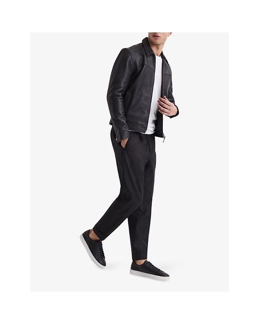 Reiss Black Finley Leather Low-Top Trainers for men