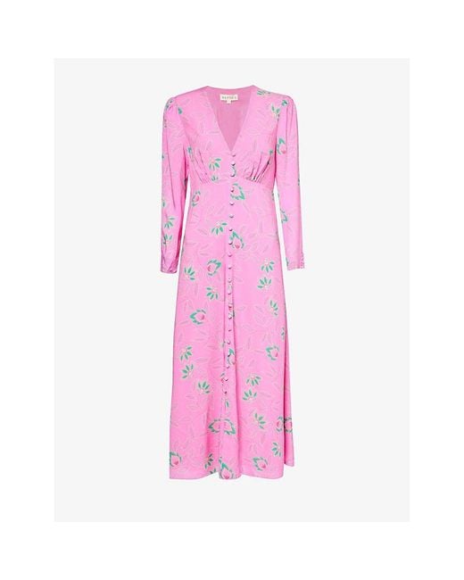 Aspiga Pink Claudia Floral-print Rouleaux-button Woven Midi Dress