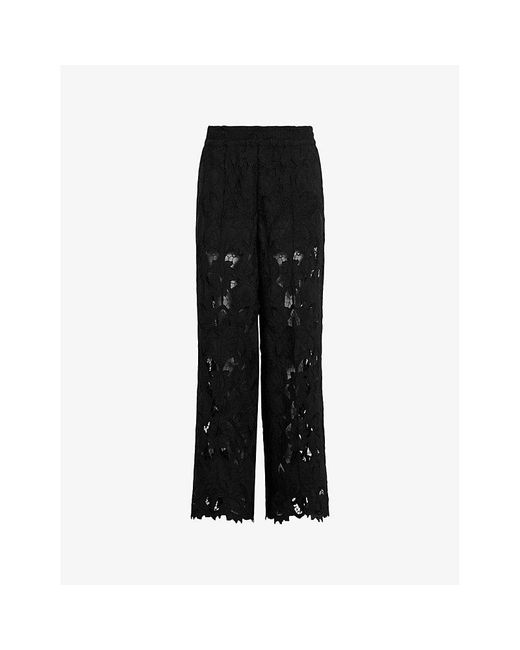 AllSaints Black Charli Lace-embroidered Elasticated-waist Woven Trousers
