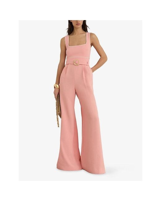 Reiss Pink Dia Square-Neck Belted-Waist Woven Jumpsuit