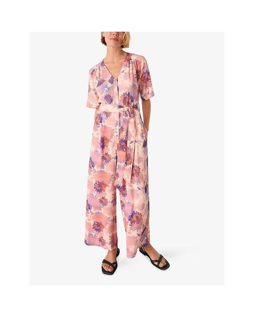 Whistles Pink Floral-Print Button-Down Woven Jumpsuit