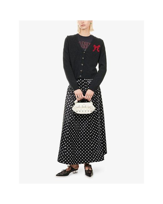 Ganni Black Bunny-Intarsia V-Neck Wool-Blend Cardigan
