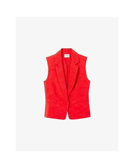 Claudie Pierlot Red Sleeveless Lapel-Collar Woven Blazer