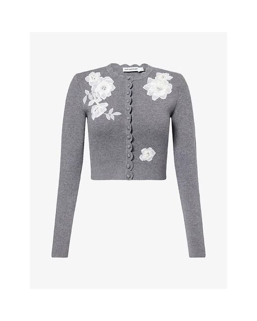Self-Portrait Gray Lace Flower Wool-Blend Cardigan