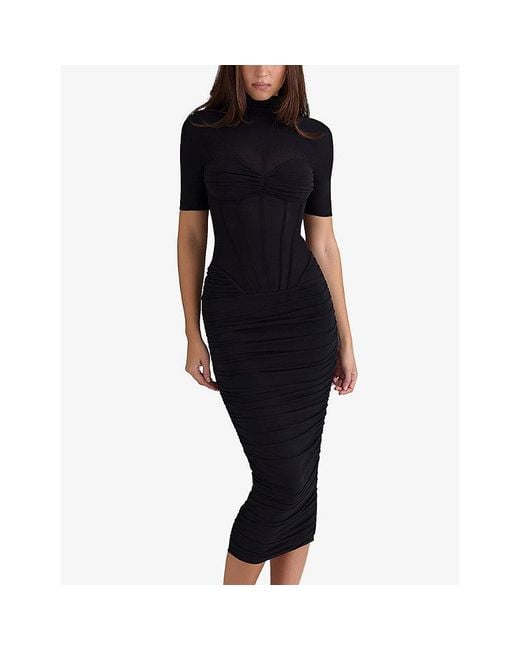 House Of Cb Black Sorrel Semi-Sheer Stretch-Mesh Midi Dress Xs (A-C Cup)