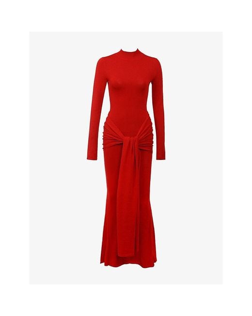 House Of Cb Red Imogen Draped Knitted Maxi Dress