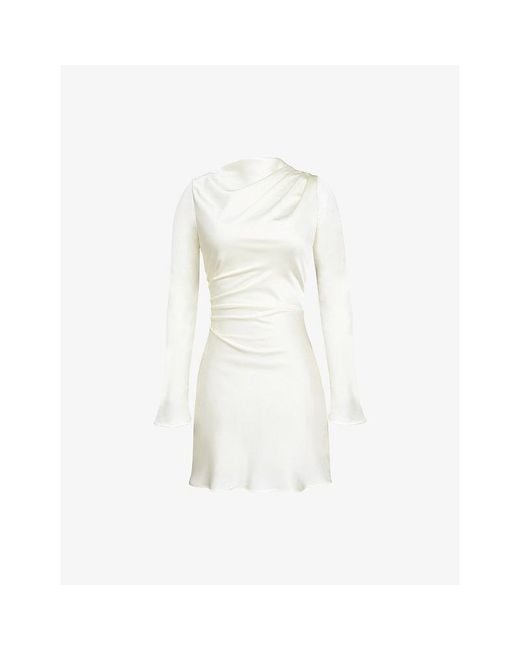 House Of Cb White Lulu Flute Long-Sleeve Satin Mini Dress