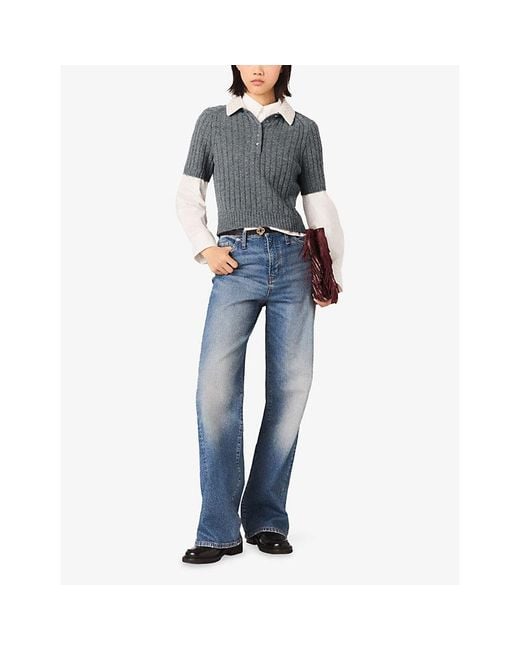 Maje Gray Beaded Removable-Collar Stretch Wool-Blend Jumper