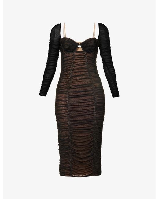 self portrait dot mesh trim midi dress