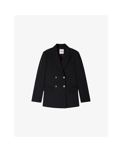 Sandro Black Double-Breasted Peak-Lapel Wool Blazer