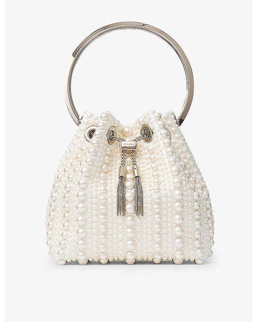Jimmy Choo White Bon Bon Pearl-embellished Satin Top-handle Bag