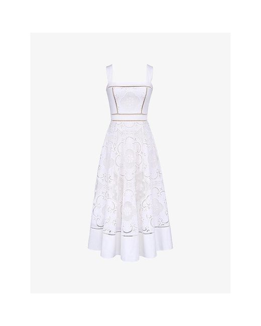 ava white stretch cotton broderie anglaise midi dress House Of Cb Ava Broderie-Anglaise Stretch-Cotton Midi Dress Xs (A-C Cup) in  White