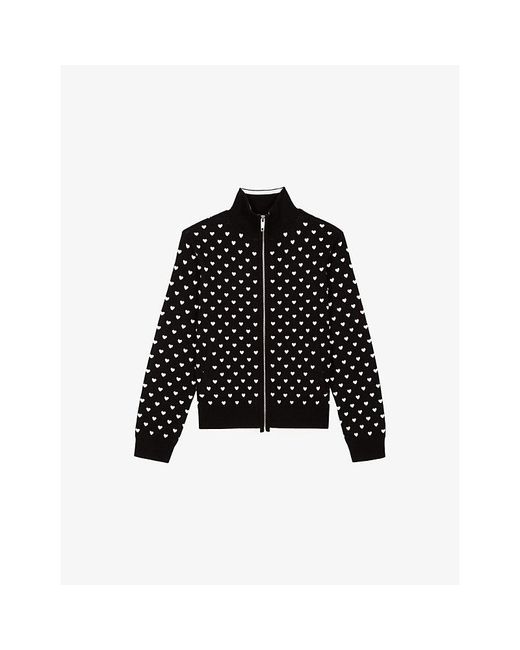 The Kooples Black Zipped Heart-Print Knitted Cardigan
