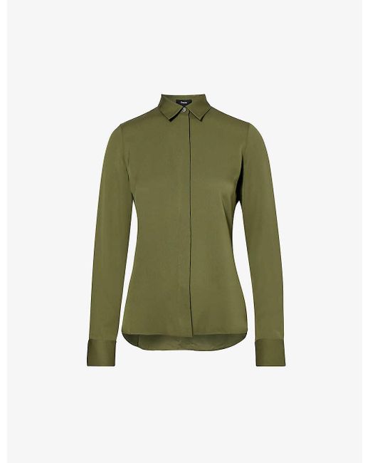 Theory Green Curved-hem Slim-fit Silk Shirt X