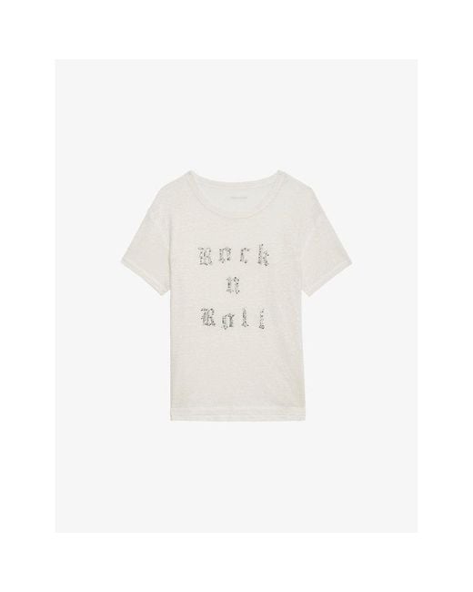Zadig & Voltaire White Crystal-Embellished Short-Sleeved Linen T-Shirt