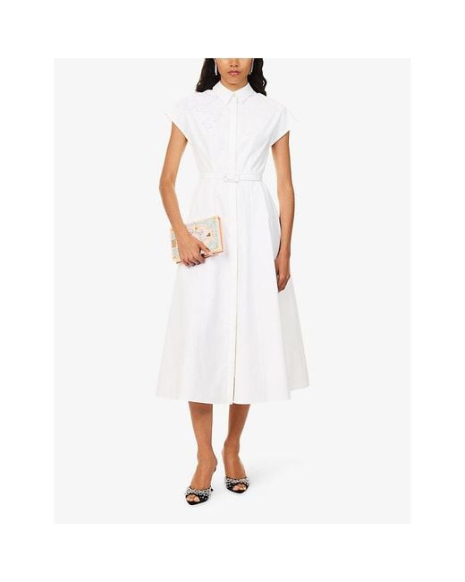 Huishan Zhang White Maddalena Belted Cotton-Blend Midi Dress