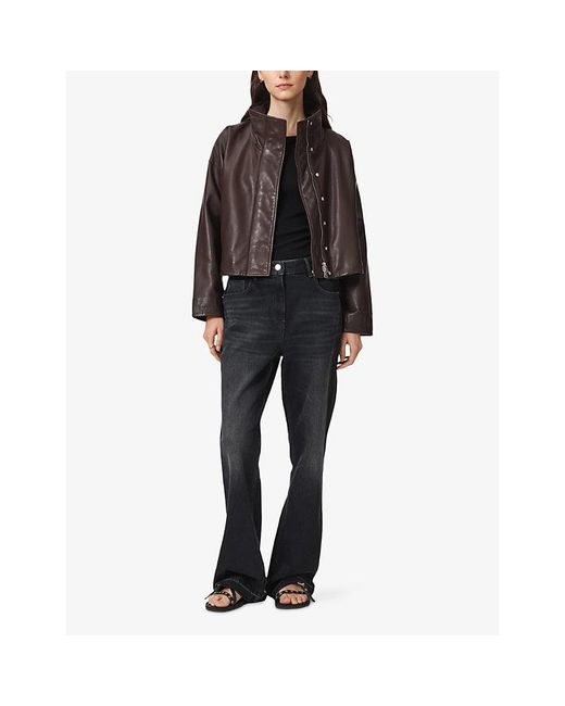 AllSaints Brown Ryder Funnel-Neck Leather Jacket