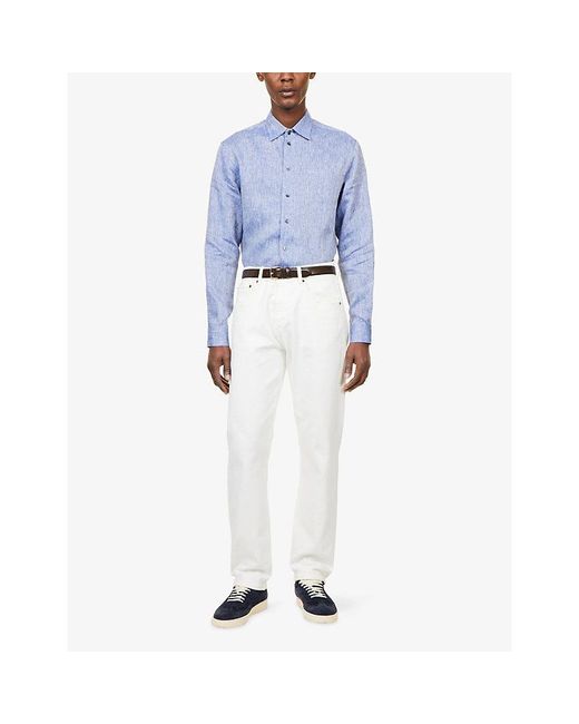 Emporio Armani Blue Long-Sleeve Classic-Collar Linen Shirt for men